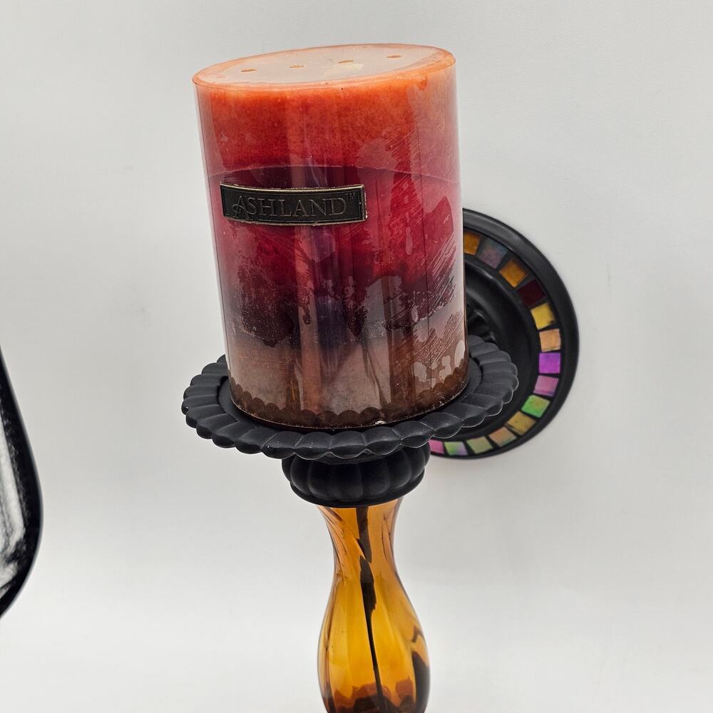 PartyLite Global Fusion Mosaic Wall Sconce Set Amber Blown Glass Candle Holder - Picture 2 of 10